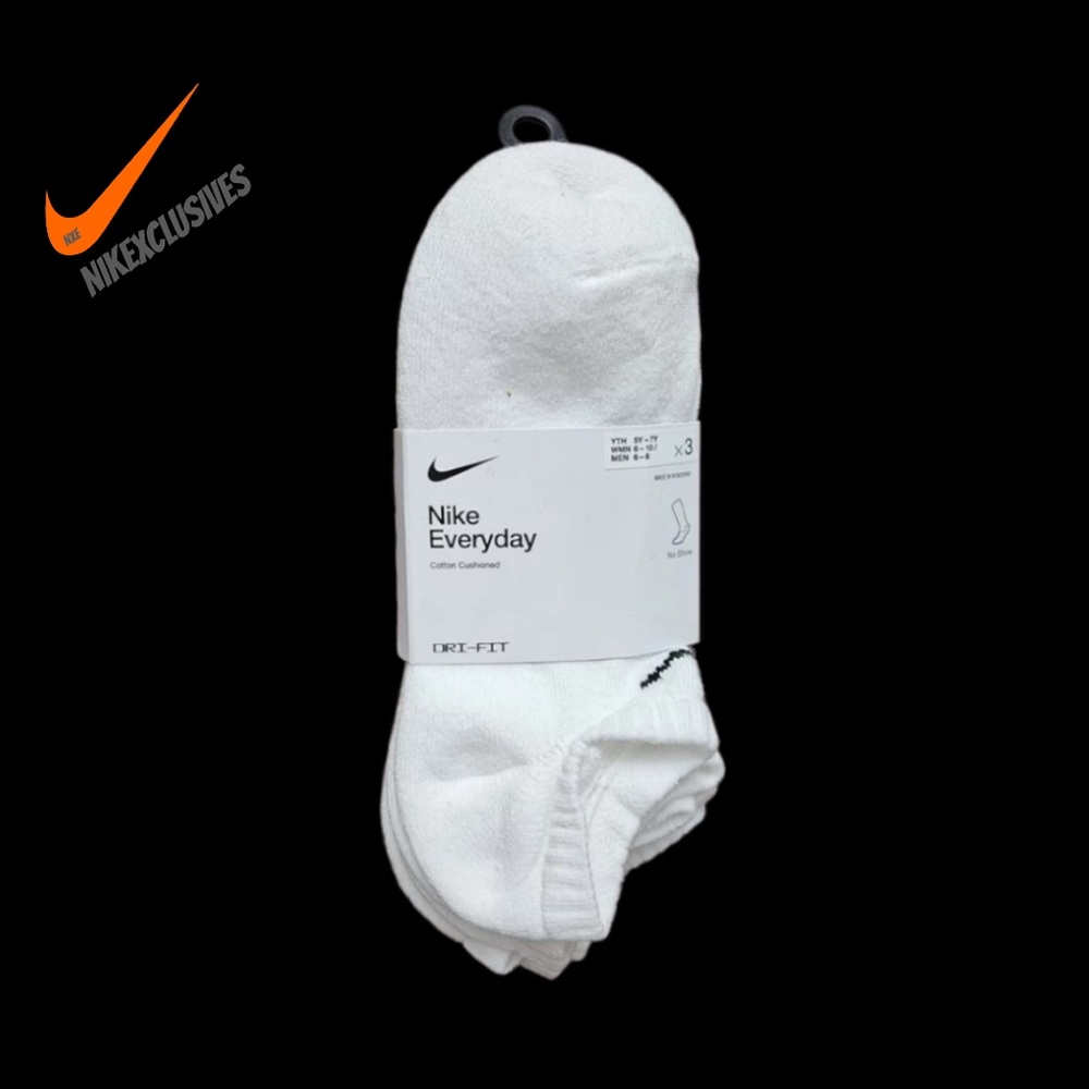 Nike Dri fit Everyday Cotton Cushioned No-Show Socks 3 pack white S M L XL NWT
